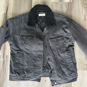 Lightly used black denim jacket with teddy collar and attachable faux fur collar